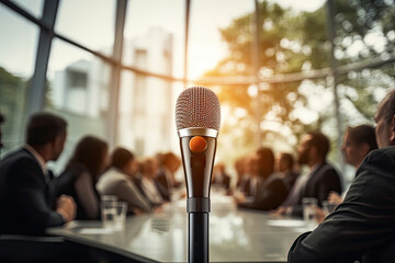 A microphone on a table in front of a group of people