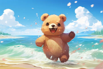 anime style background, a bear on the beach