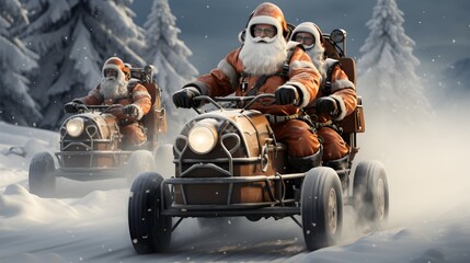 Santa riding a scooter in winter, Santa Clause on Winter scooter, generative AI - obrazy, fototapety, plakaty