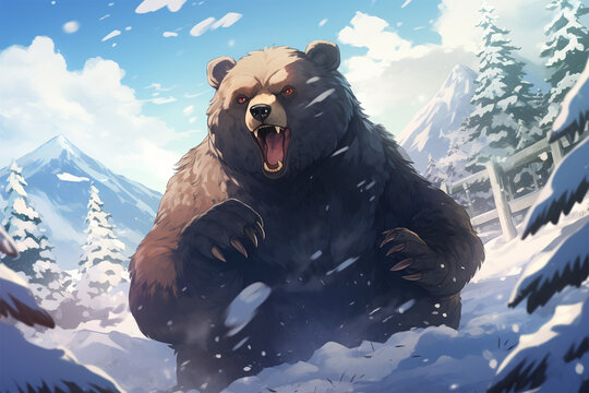 anime style background, a bear in the snow