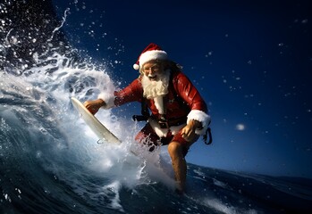 Surfing Santa Claus in the sea, Sant a with Surfing board, generative AI
