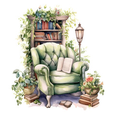 Watercolor Overgrown Bookworm Cozy Reading Corner