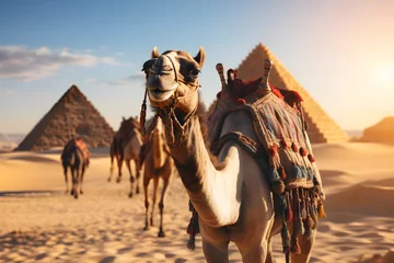 Foto op Canvas Travel Scene Camels and Pyramids in Egypt. © Rattanachai