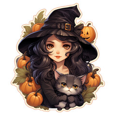 Witches and cats enjoying Halloween. Sticker ver. Generative AI