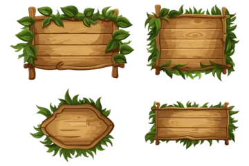 Foto op Canvas Wooden signboards in jungle. Wood board with tropical leaves, moss and liana plants, Jungle wood banner, vector illustration, Generative Ai. © CreativeMind