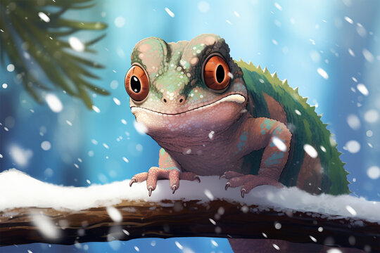 anime style background, a chameleon in the snow