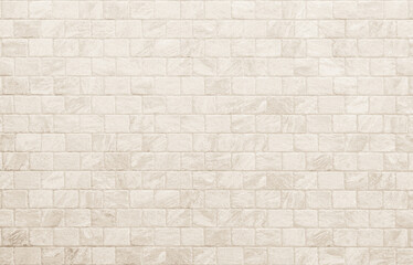 Empty background of wide cream brick wall texture. Beige old brick wall concrete or stone textured, wallpaper limestone abstract flooring. Grid uneven interior rock. Home decor design backdrop. - obrazy, fototapety, plakaty
