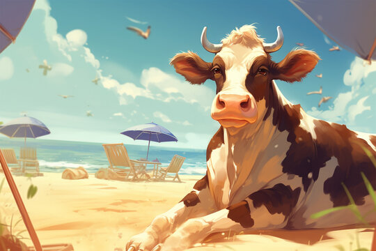 anime style background, a cow on the beach