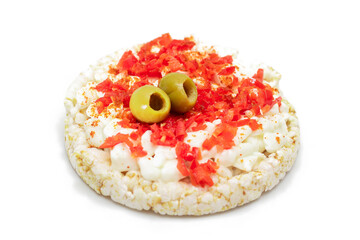 Rice Cake Sandwich with Bell Pepper, Cottage Cheese and Olives - Isolated on White. Easy Breakfast. Quick and Healthy Sandwiches. Crispbread with Tasty Filling. Healthy Dietary Snack - Isolation