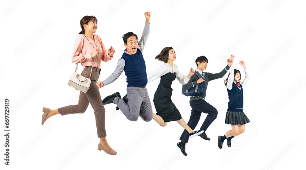 Aufkleber ジャンプする幅広い世代の人々　切り抜き背景透過png（1人ずつの画像も販売しております。作成者リンクからpngで検索してください）