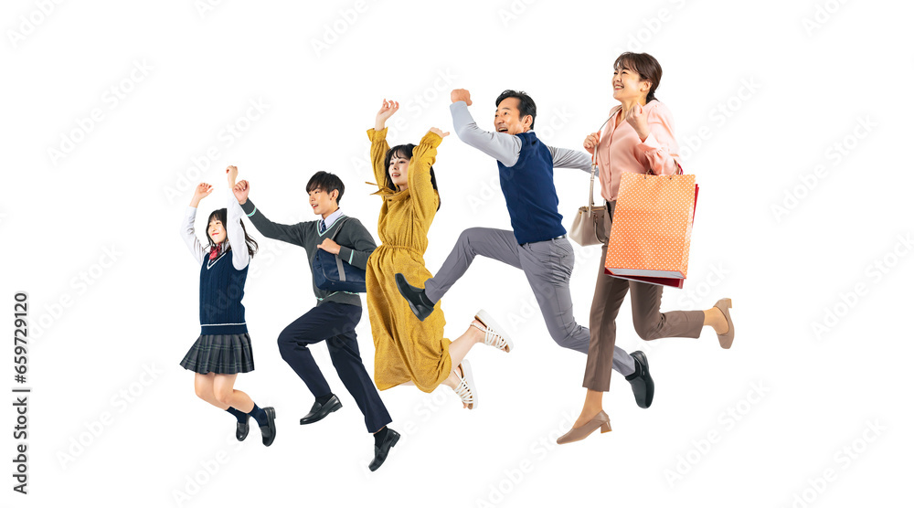 Aufkleber ジャンプする幅広い世代の人々　切り抜き背景透過png（1人ずつの画像も販売しております。作成者リンクからpngで検索してください）