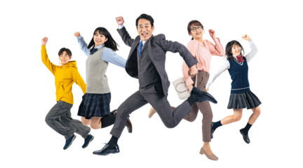 ジャンプする幅広い世代の人々 切り抜き背景透過PNG(1人ずつの画像も販売しております。作成者リンクからPNGで検索してください)