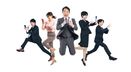 スマホを使いながらジャンプするビジネスパーソンのグループ　切り抜き背景透過PNG（1人ずつの画像も販売しております。作成者リンクからPNGで検索してください）