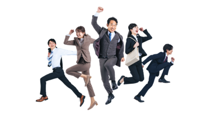 ジャンプする幅広い世代のビジネスパーソンのグループ 切り抜き背景透過PNG(1人ずつの画像も販売しております。作成者リンクからPNGで検索してください)