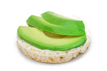 Rice Cake Sandwich with Fresh Avocado and Cream Cheese - Isolated on White. Easy Breakfast. Diet...