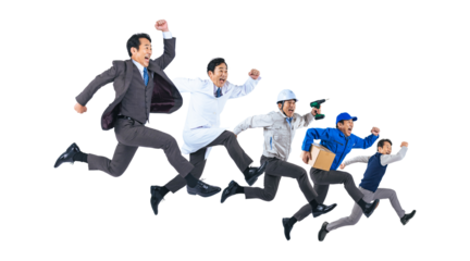 ジャンプする様々な職業に扮装した同一人物のミドル男性　切り抜き背景透過PNG（1人ずつの画像も販売しております。作成者リンクからPNGで検索してください）