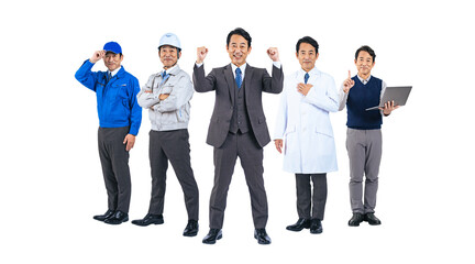 Obraz premium 様々な職業に扮装した同一人物のミドル男性 切り抜き背景透過PNG（1人ずつの画像も販売しております。作成者リンクからPNGで検索してください）