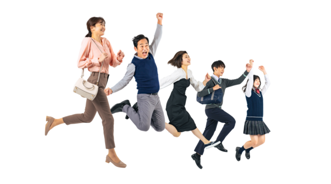 ジャンプする幅広い世代の人々　切り抜き背景透過PNG（1人ずつの画像も販売しております。作成者リンクからPNGで検索してください）