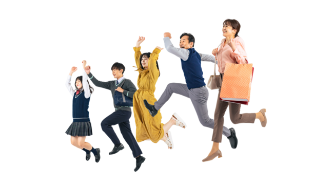 ジャンプする幅広い世代の人々　切り抜き背景透過PNG（1人ずつの画像も販売しております。作成者リンクからPNGで検索してください）