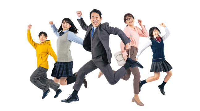 ジャンプする幅広い世代の人々　切り抜き背景透過PNG（1人ずつの画像も販売しております。作成者リンクからPNGで検索してください）