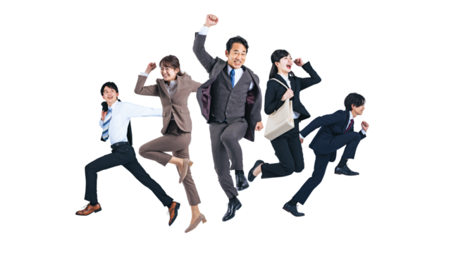 ジャンプする幅広い世代のビジネスパーソンのグループ　切り抜き背景透過PNG（1人ずつの画像も販売しております。作成者リンクからPNGで検索してください）