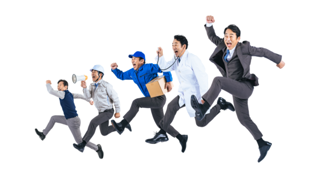 ジャンプする様々な職業に扮装した同一人物のミドル男性　切り抜き背景透過PNG（1人ずつの画像も販売しております。作成者リンクからPNGで検索してください）