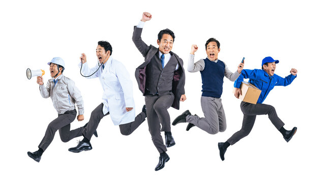 ジャンプする様々な職業に扮装した同一人物のミドル男性　切り抜き背景透過PNG（1人ずつの画像も販売しております。作成者リンクからPNGで検索してください）