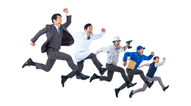 ジャンプする様々な職業に扮装した同一人物のミドル男性　切り抜き背景透過PNG（1人ずつの画像も販売しております。作成者リンクからPNGで検索してください）