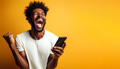 ENERGETIC, ENTHUSIASTIC AFRICAN AMERICAN MAN WITH SMARTPHONE ENJOYING WINNING MONEY LOTTERY. image created by legal AI