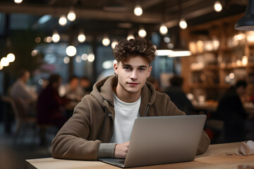 Young man working on laptop in cafe. male designer freelancer or student work on computer laptop at table