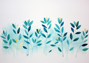 Blue-green leaves in a beautiful isolated simple watercolor gouache illustration pattern, on watercolour paper texture