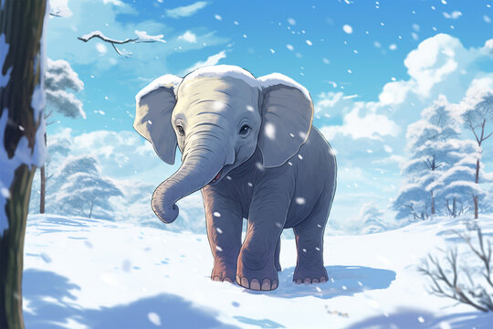 anime style background, an elephant in the snow