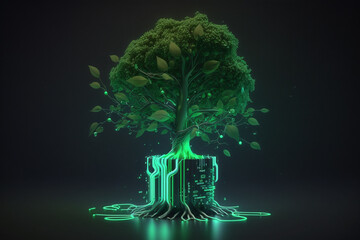 A digital plant pot hosts a thriving tree, symbolizing the convergence of eco-technology and the concept of green computing. This innovative fusion embodies principles of CSR and IT ethics