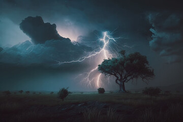 Lightning streaks across the dark, ominous sky during a fierce thunderstorm, illuminating the clouds with its electric brilliance