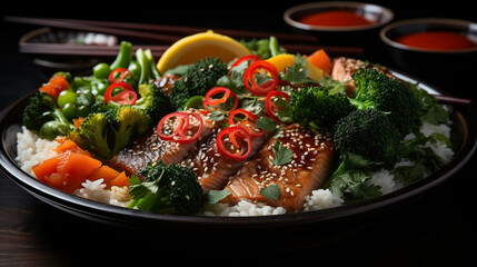 A tuna and vegetable stir fry with seared tuna chunks UHD wallpaper Stock Photographic Image