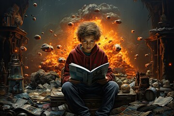 Boy reading book - obrazy, fototapety, plakaty