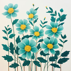 Fototapeta na wymiar Blue-green flowers in a beautiful isolated simple watercolor gouache illustration on watercolour paper texture