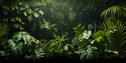 Lush tropical garden, tropical foliage, including ferns, palms, and philodendron