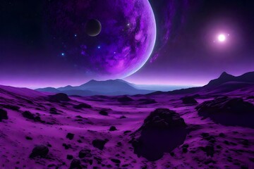 A surreal landscape of a purple planet with three moons and a glowing ring of energy - AI Generative