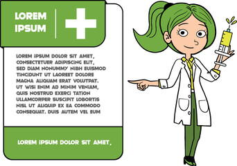 illustration of a female doctor wear white coat pointing page on isolated white background