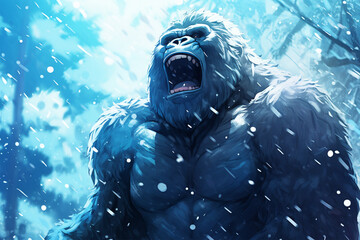 anime style scenic background, a gorilla in the snow - obrazy, fototapety, plakaty
