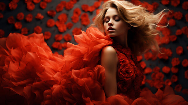 Glamorous studio portrait of a blond female model wearing a dress made of roses and standing against a rose covered background.