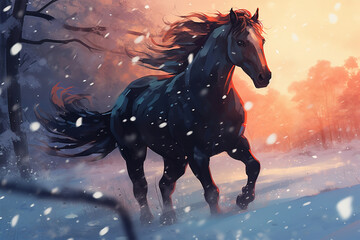 anime style scenic background, a horse in the snow