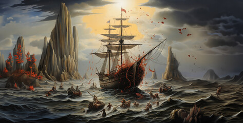 Naklejka premium pirate ship in the sea, pirate ship in the ocean, pirate ship sailing, ship at night. Generative Ai content