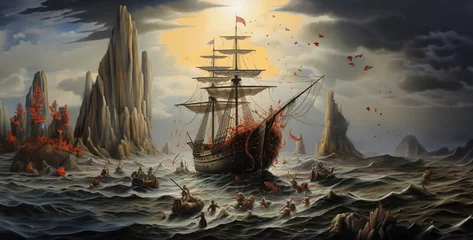 Papier Peint photo Lavable Navire pirate ship in the sea, pirate ship in the ocean, pirate ship sailing, ship at night. Generative Ai content