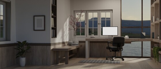 Modern study room with blank screen mock up desktop computer against the wall with large window.