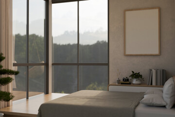 A modern and comfortable bedroom interior design with large window with a beautiful mountain view.