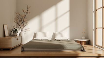 Front view of a minimalist Japanese bedroom interior design with a comfy bed on a wooden floor.