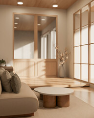 Side view of a minimalist Japanese living room interior design with a comfortable couch and decor.