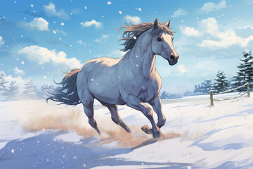 Obraz na płótnie Canvas anime style scenic background, a horse in the snow